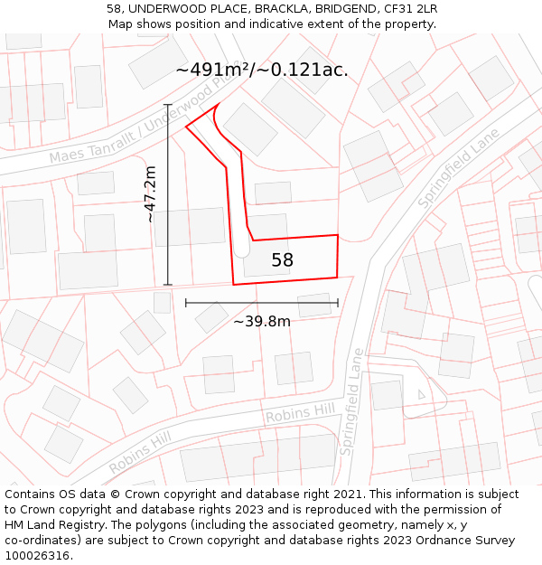 58, UNDERWOOD PLACE, BRACKLA, BRIDGEND, CF31 2LR: Plot and title map