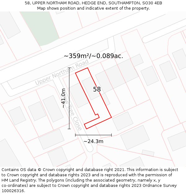 58, UPPER NORTHAM ROAD, HEDGE END, SOUTHAMPTON, SO30 4EB: Plot and title map