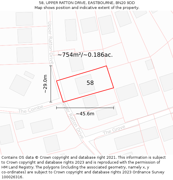 58, UPPER RATTON DRIVE, EASTBOURNE, BN20 9DD: Plot and title map