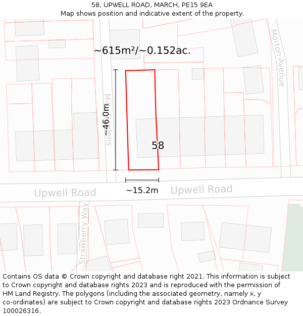 58, UPWELL ROAD, MARCH, PE15 9EA: Plot and title map