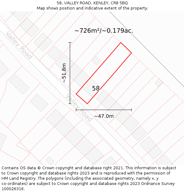 58, VALLEY ROAD, KENLEY, CR8 5BQ: Plot and title map