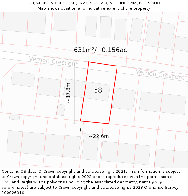 58, VERNON CRESCENT, RAVENSHEAD, NOTTINGHAM, NG15 9BQ: Plot and title map