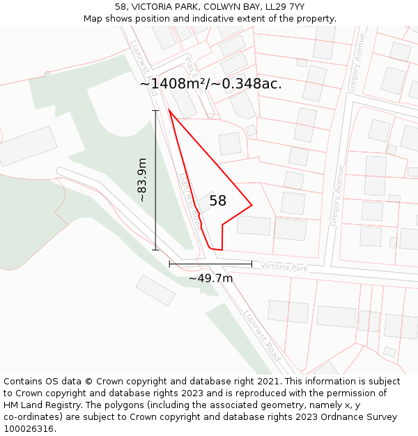 58, VICTORIA PARK, COLWYN BAY, LL29 7YY: Plot and title map