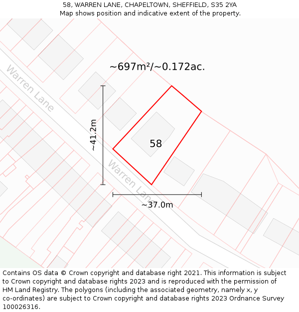 58, WARREN LANE, CHAPELTOWN, SHEFFIELD, S35 2YA: Plot and title map