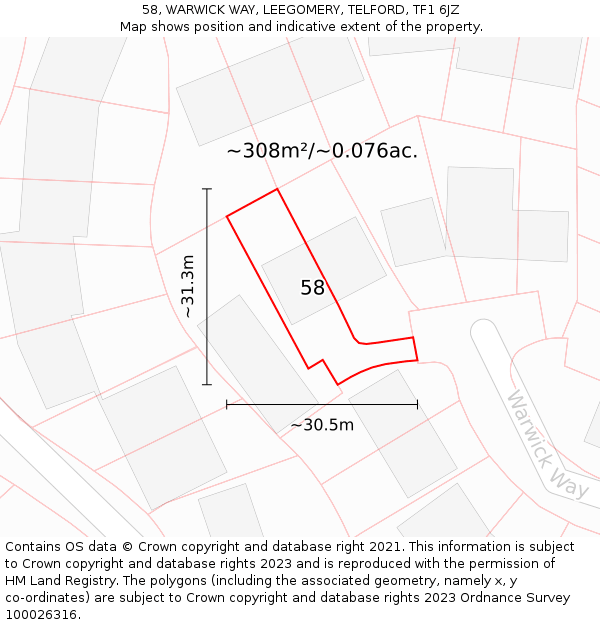 58, WARWICK WAY, LEEGOMERY, TELFORD, TF1 6JZ: Plot and title map