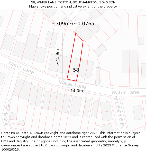 58, WATER LANE, TOTTON, SOUTHAMPTON, SO40 3DN: Plot and title map