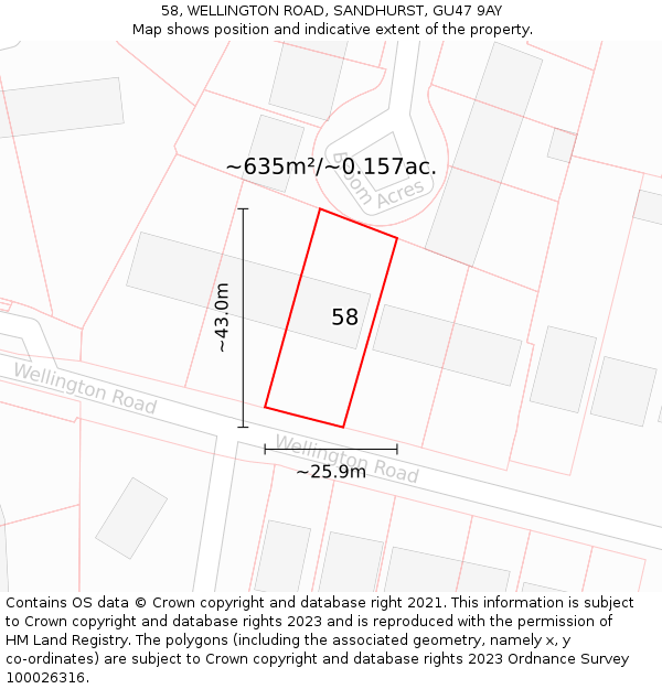 58, WELLINGTON ROAD, SANDHURST, GU47 9AY: Plot and title map