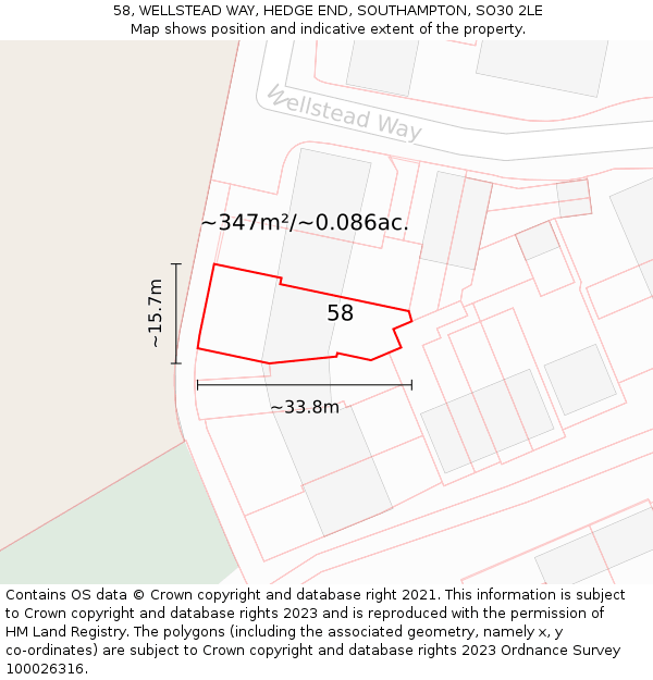 58, WELLSTEAD WAY, HEDGE END, SOUTHAMPTON, SO30 2LE: Plot and title map