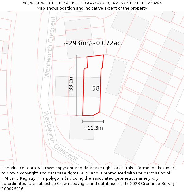 58, WENTWORTH CRESCENT, BEGGARWOOD, BASINGSTOKE, RG22 4WX: Plot and title map