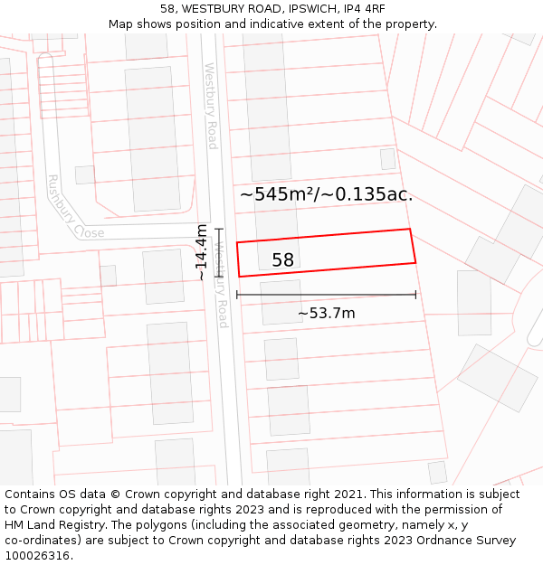 58, WESTBURY ROAD, IPSWICH, IP4 4RF: Plot and title map