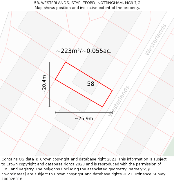 58, WESTERLANDS, STAPLEFORD, NOTTINGHAM, NG9 7JG: Plot and title map