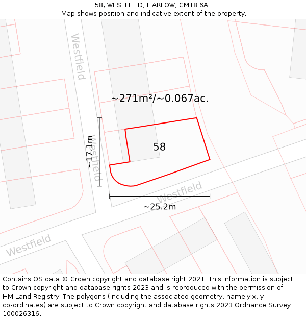 58, WESTFIELD, HARLOW, CM18 6AE: Plot and title map