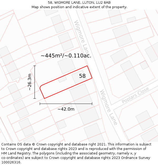 58, WIGMORE LANE, LUTON, LU2 8AB: Plot and title map