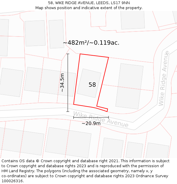 58, WIKE RIDGE AVENUE, LEEDS, LS17 9NN: Plot and title map
