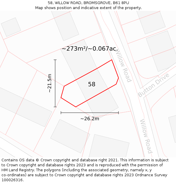 58, WILLOW ROAD, BROMSGROVE, B61 8PU: Plot and title map
