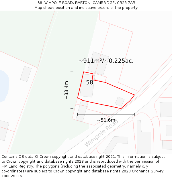 58, WIMPOLE ROAD, BARTON, CAMBRIDGE, CB23 7AB: Plot and title map