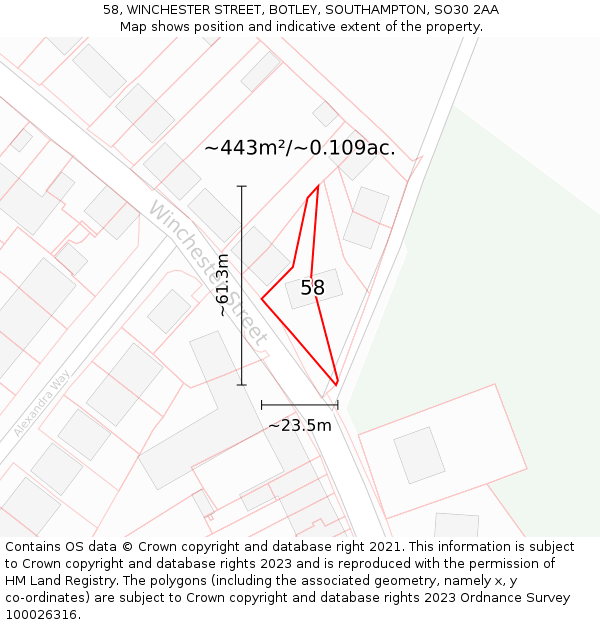 58, WINCHESTER STREET, BOTLEY, SOUTHAMPTON, SO30 2AA: Plot and title map