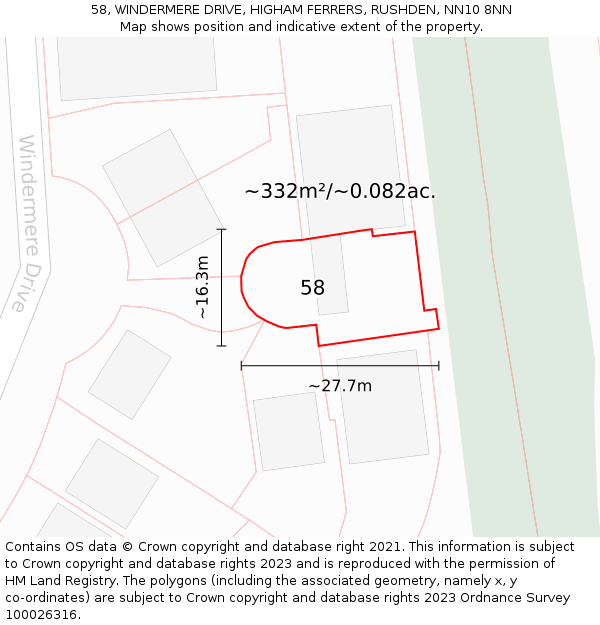 58, WINDERMERE DRIVE, HIGHAM FERRERS, RUSHDEN, NN10 8NN: Plot and title map