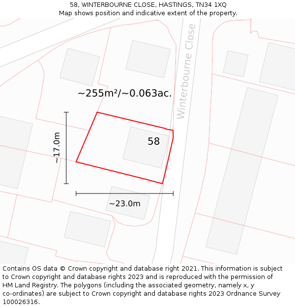 58, WINTERBOURNE CLOSE, HASTINGS, TN34 1XQ: Plot and title map