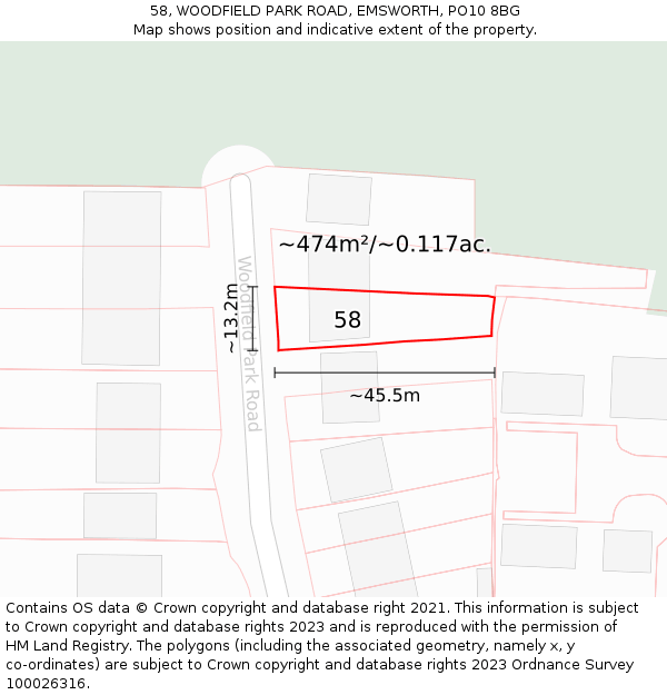 58, WOODFIELD PARK ROAD, EMSWORTH, PO10 8BG: Plot and title map