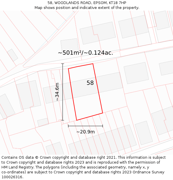 58, WOODLANDS ROAD, EPSOM, KT18 7HP: Plot and title map