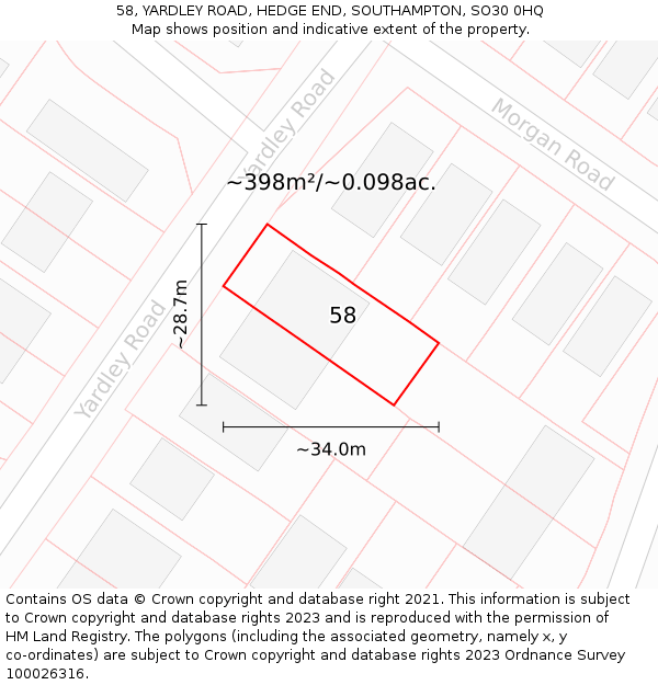 58, YARDLEY ROAD, HEDGE END, SOUTHAMPTON, SO30 0HQ: Plot and title map