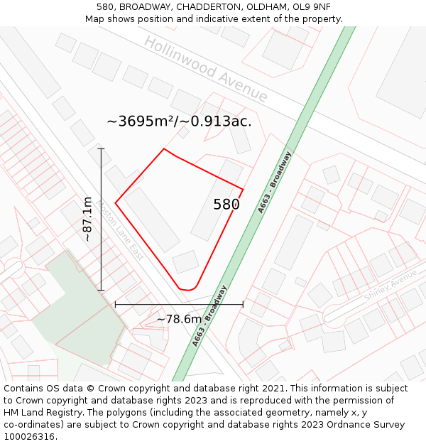 580, BROADWAY, CHADDERTON, OLDHAM, OL9 9NF: Plot and title map