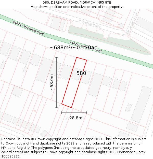 580, DEREHAM ROAD, NORWICH, NR5 8TE: Plot and title map