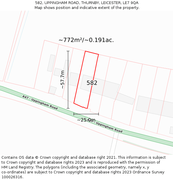 582, UPPINGHAM ROAD, THURNBY, LEICESTER, LE7 9QA: Plot and title map