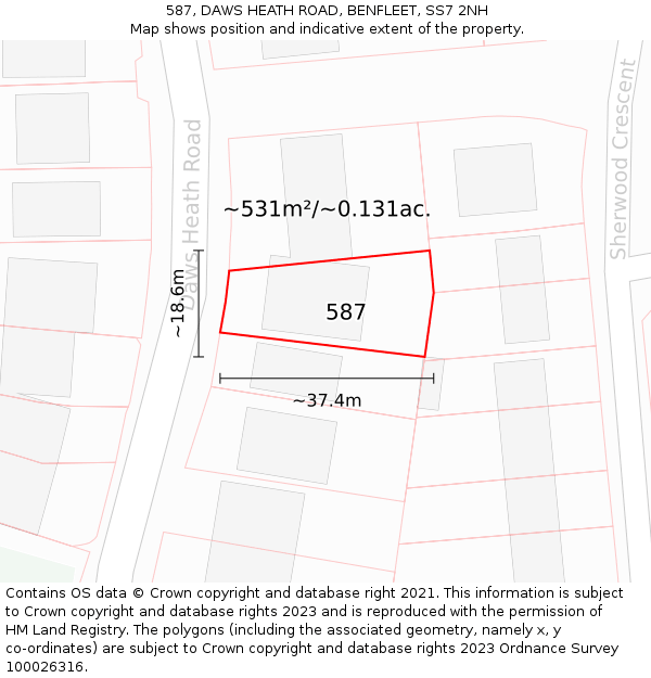 587, DAWS HEATH ROAD, BENFLEET, SS7 2NH: Plot and title map