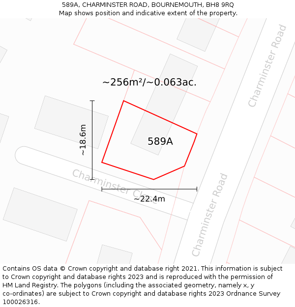 589A, CHARMINSTER ROAD, BOURNEMOUTH, BH8 9RQ: Plot and title map