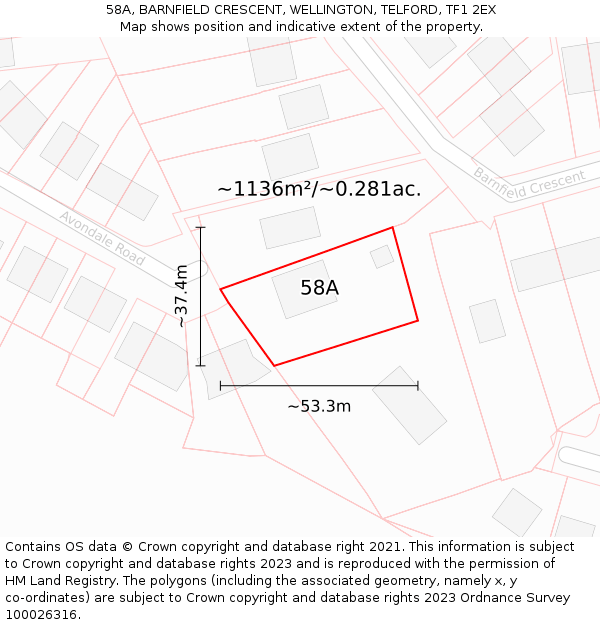 58A, BARNFIELD CRESCENT, WELLINGTON, TELFORD, TF1 2EX: Plot and title map
