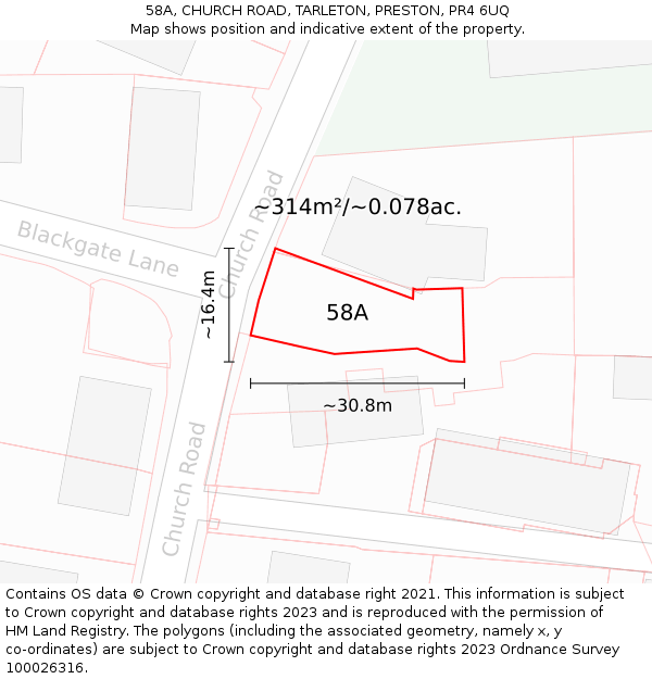 58A, CHURCH ROAD, TARLETON, PRESTON, PR4 6UQ: Plot and title map