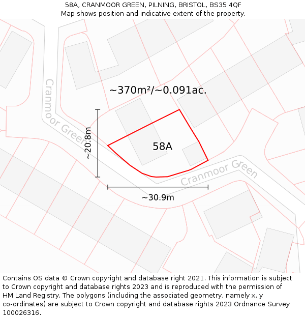 58A, CRANMOOR GREEN, PILNING, BRISTOL, BS35 4QF: Plot and title map