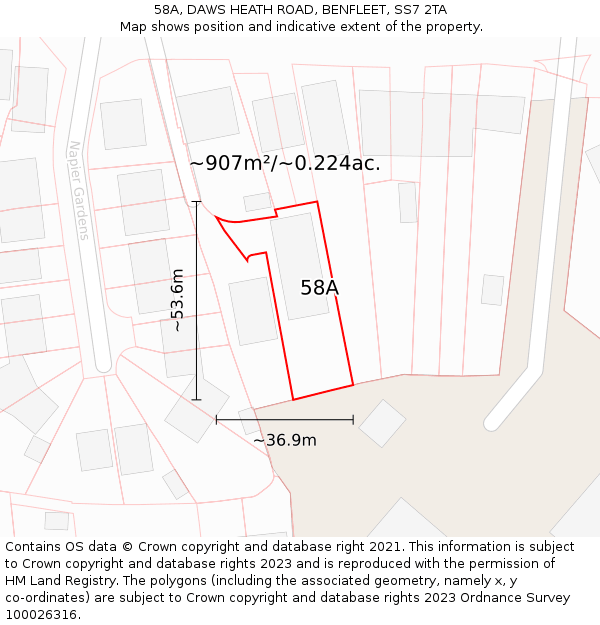 58A, DAWS HEATH ROAD, BENFLEET, SS7 2TA: Plot and title map
