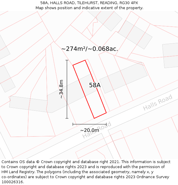 58A, HALLS ROAD, TILEHURST, READING, RG30 4PX: Plot and title map