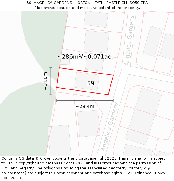59, ANGELICA GARDENS, HORTON HEATH, EASTLEIGH, SO50 7PA: Plot and title map