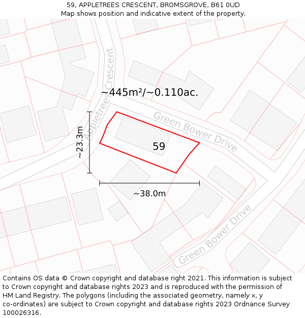 59, APPLETREES CRESCENT, BROMSGROVE, B61 0UD: Plot and title map