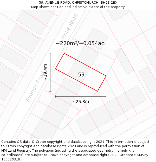 59, AVENUE ROAD, CHRISTCHURCH, BH23 2BX: Plot and title map