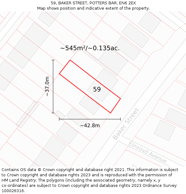 59, BAKER STREET, POTTERS BAR, EN6 2EX: Plot and title map