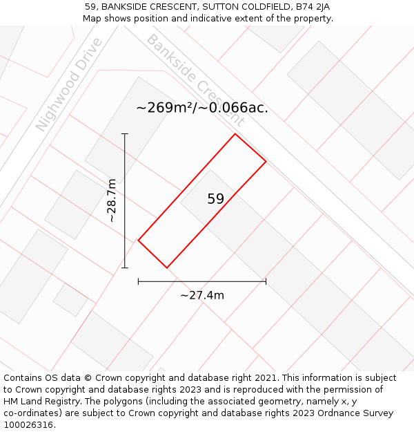 59, BANKSIDE CRESCENT, SUTTON COLDFIELD, B74 2JA: Plot and title map