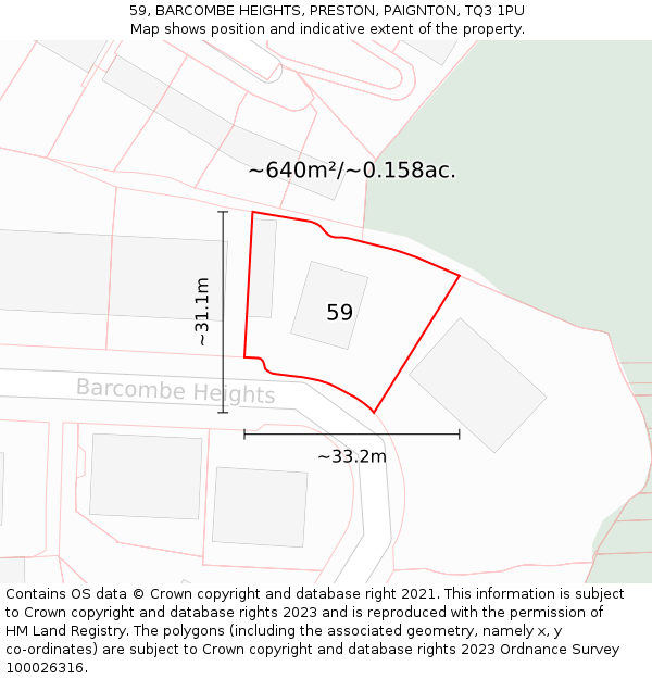 59, BARCOMBE HEIGHTS, PRESTON, PAIGNTON, TQ3 1PU: Plot and title map