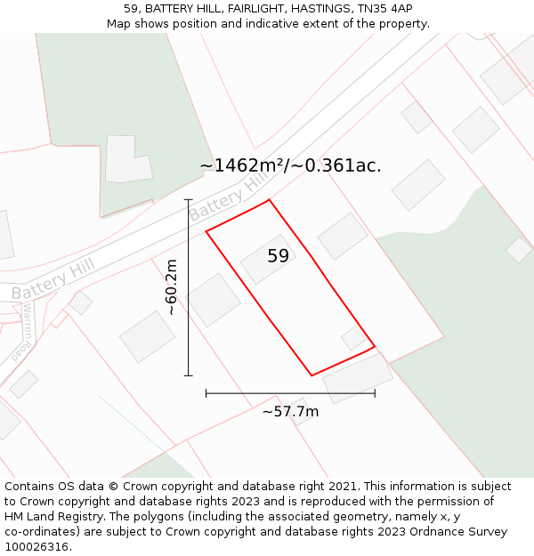 59, BATTERY HILL, FAIRLIGHT, HASTINGS, TN35 4AP: Plot and title map