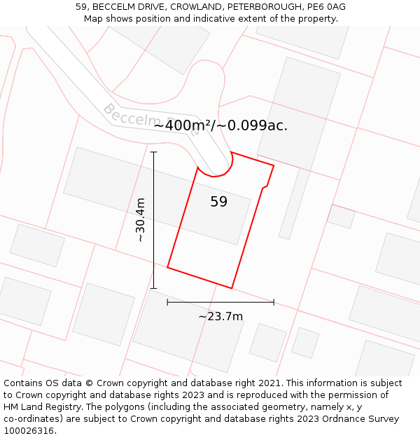 59, BECCELM DRIVE, CROWLAND, PETERBOROUGH, PE6 0AG: Plot and title map