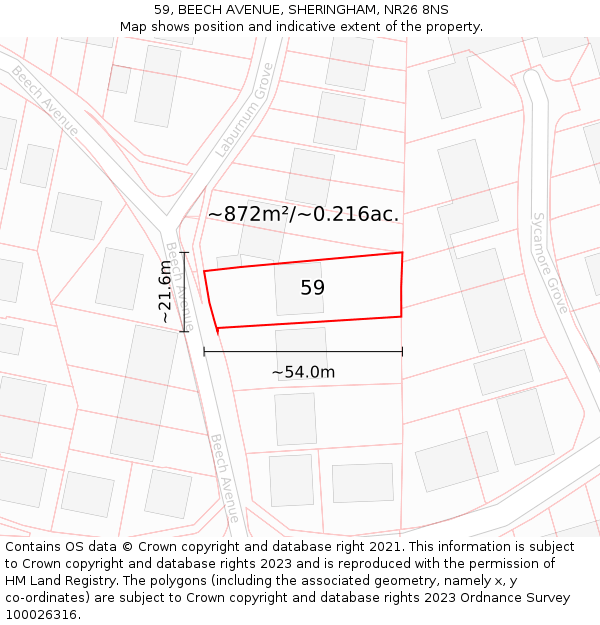 59, BEECH AVENUE, SHERINGHAM, NR26 8NS: Plot and title map