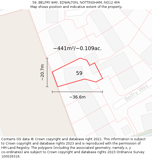 59, BELFRY WAY, EDWALTON, NOTTINGHAM, NG12 4FA: Plot and title map
