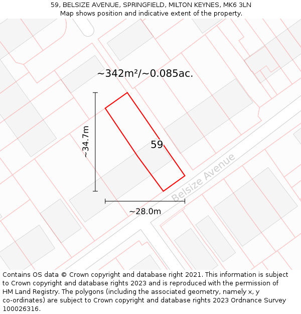 59, BELSIZE AVENUE, SPRINGFIELD, MILTON KEYNES, MK6 3LN: Plot and title map