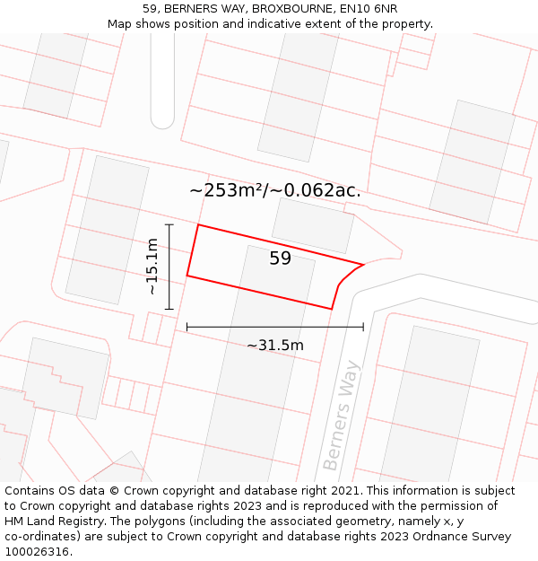 59, BERNERS WAY, BROXBOURNE, EN10 6NR: Plot and title map
