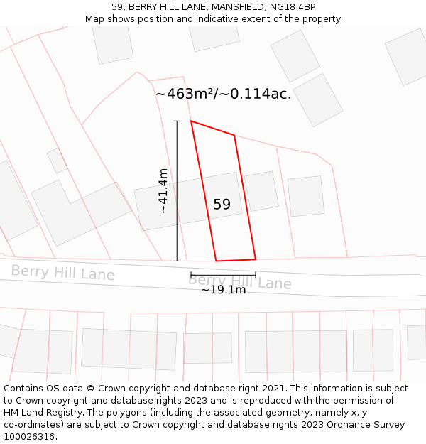 59, BERRY HILL LANE, MANSFIELD, NG18 4BP: Plot and title map