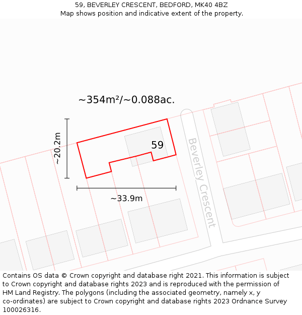 59, BEVERLEY CRESCENT, BEDFORD, MK40 4BZ: Plot and title map